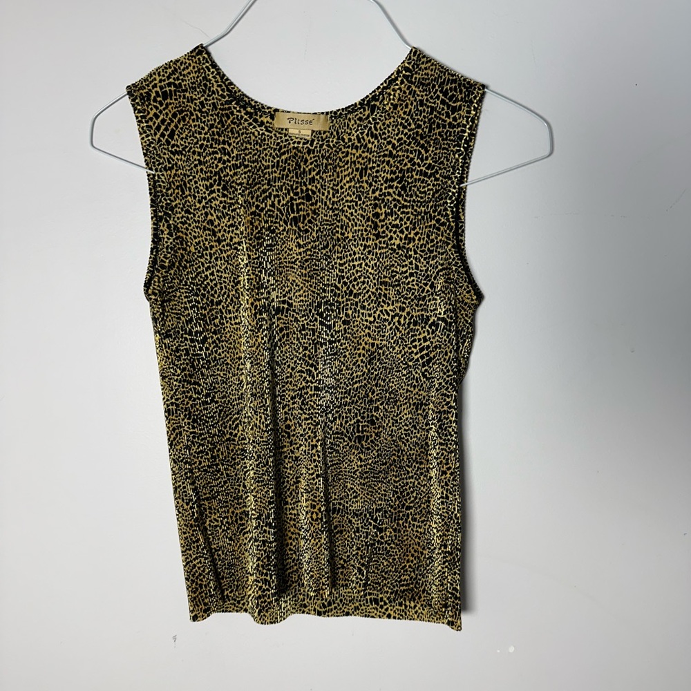 EUC Womens Plisse Small S Sleeveless Shirt Blouse Top Stretchy Leopard Print